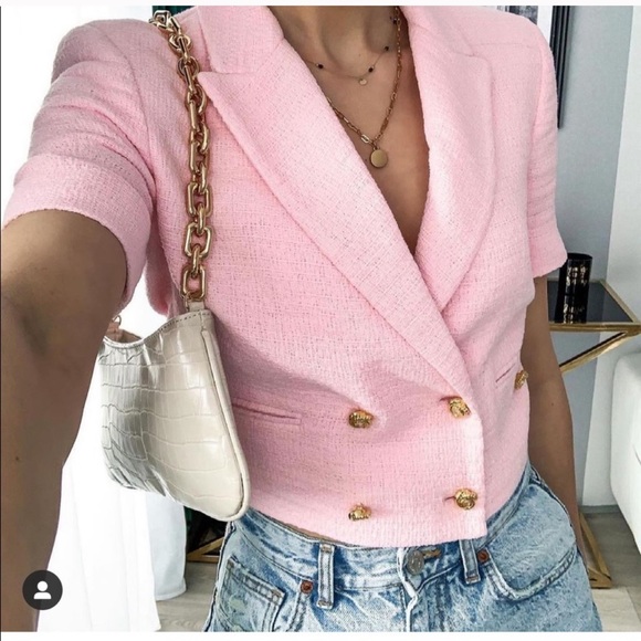 NWT ZARA Crop Top Textured Blazer Pink Gold S - Picture 5 of 9
